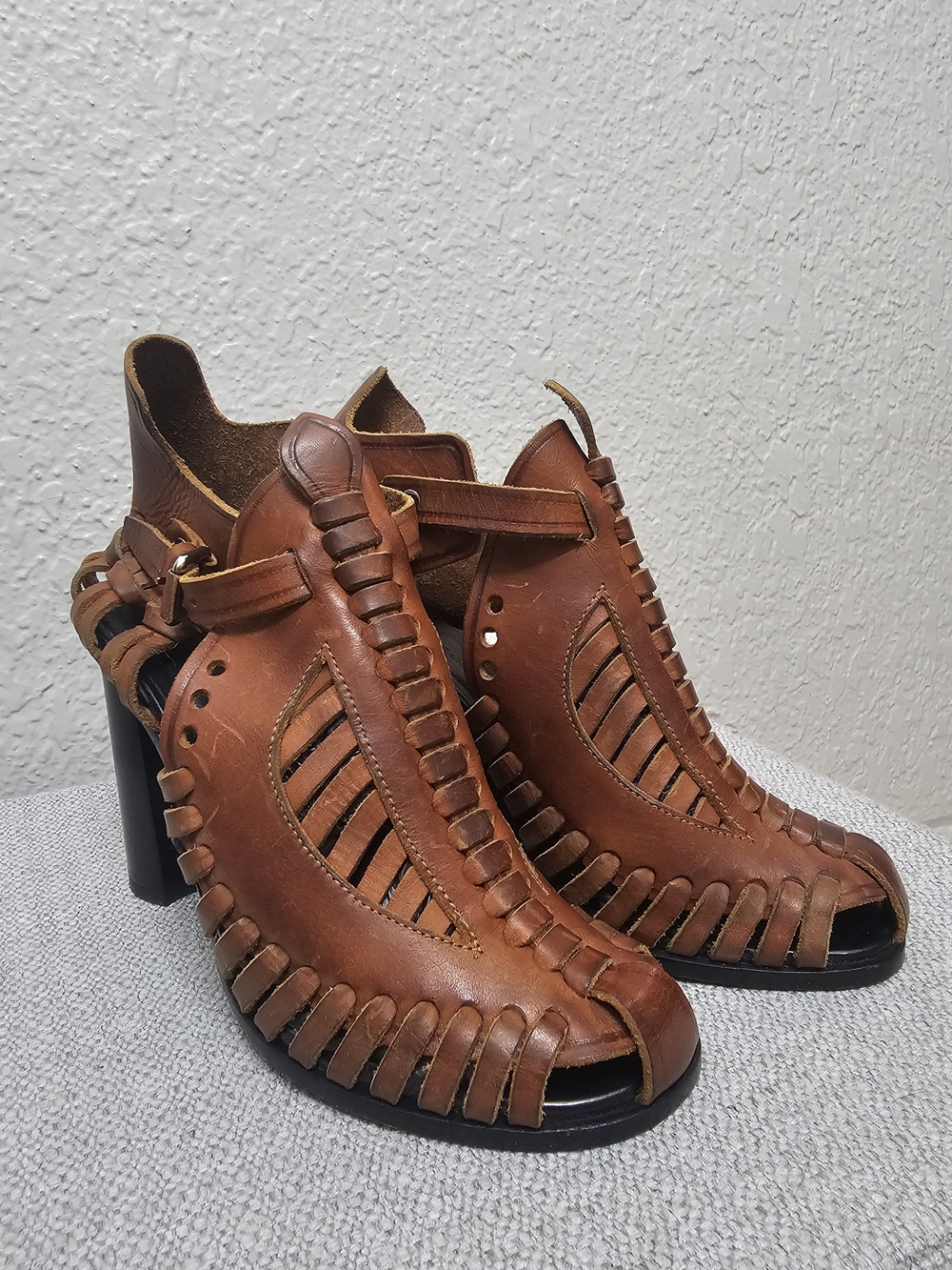 Proenza Schouler Brown Leather Woven Cutout Heeled Sandals Ankle Strap 38